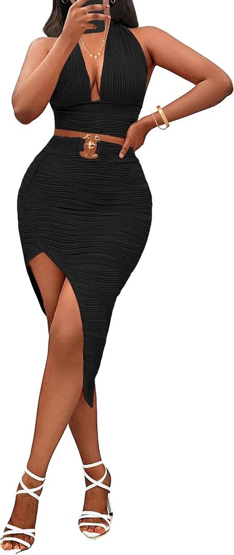 Adogirl Women Two Piece Skirt Outfits Sexy Halter V Neck Backless Crop Top Bodycon Irregular Skirt Set Night Out Dresses (Small, Black)