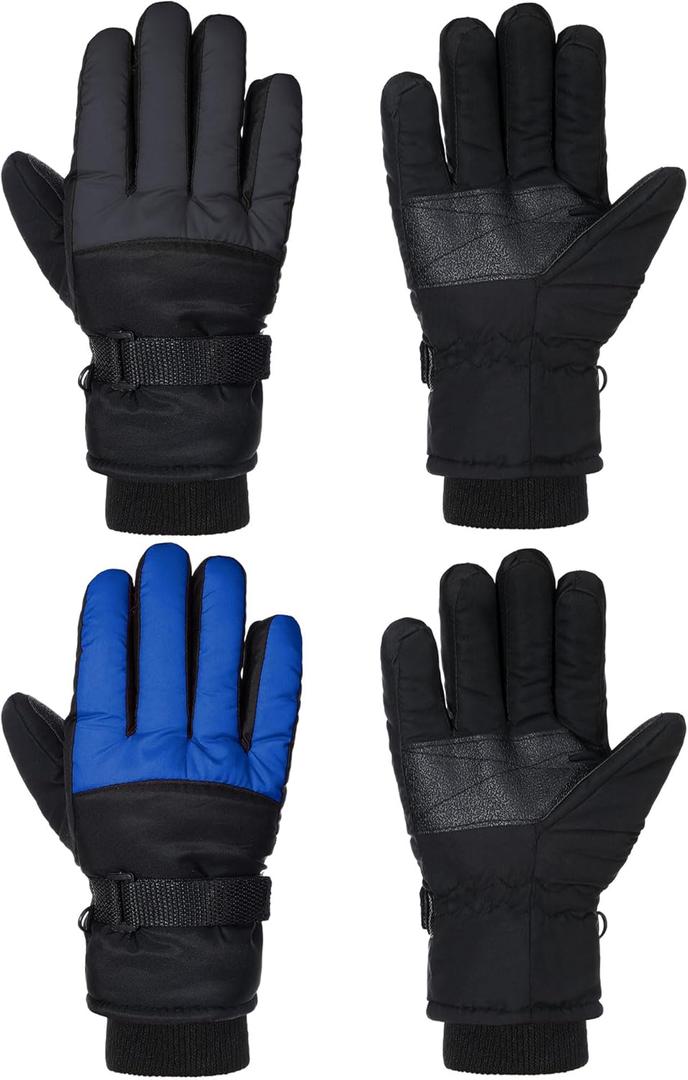 SATINIOR 2 Pairs Kids Waterproof Winter Snow Gloves Ski Gloves for Boy Girl Outdoor Warm Thickening Snowboar (10-15 Years, Blue, Gray)