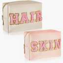 Patelai 2 Pcs Preppy Makeup Bags Chenille Letter Patch Bag Face Skin Hair Stuff Aesthetic Cosmetic Bag Travel Zipper Pouch Makeup Organizer Graduation Gift for Girls (White, Pink,Hair, Skin)