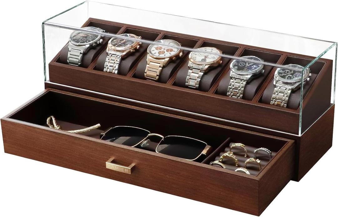 KAMIER High End Wooden Watch Box with 6 Slots & Glass Lid - 2-Layer Jewelry Organizer for Men - Watch Display Case, Ideal Business Gift for Watch Enthusiasts with Gift Box, Walnut