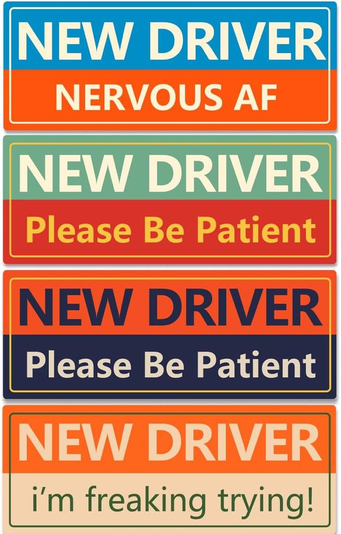LogFaadCoi 4-Pack 'New Driver' Reflective Magnetic Signs - Removable Safety Warning Bumper Stickers for Cars, Large Size, Durable for Novice & Student Drivers (American Vintage)