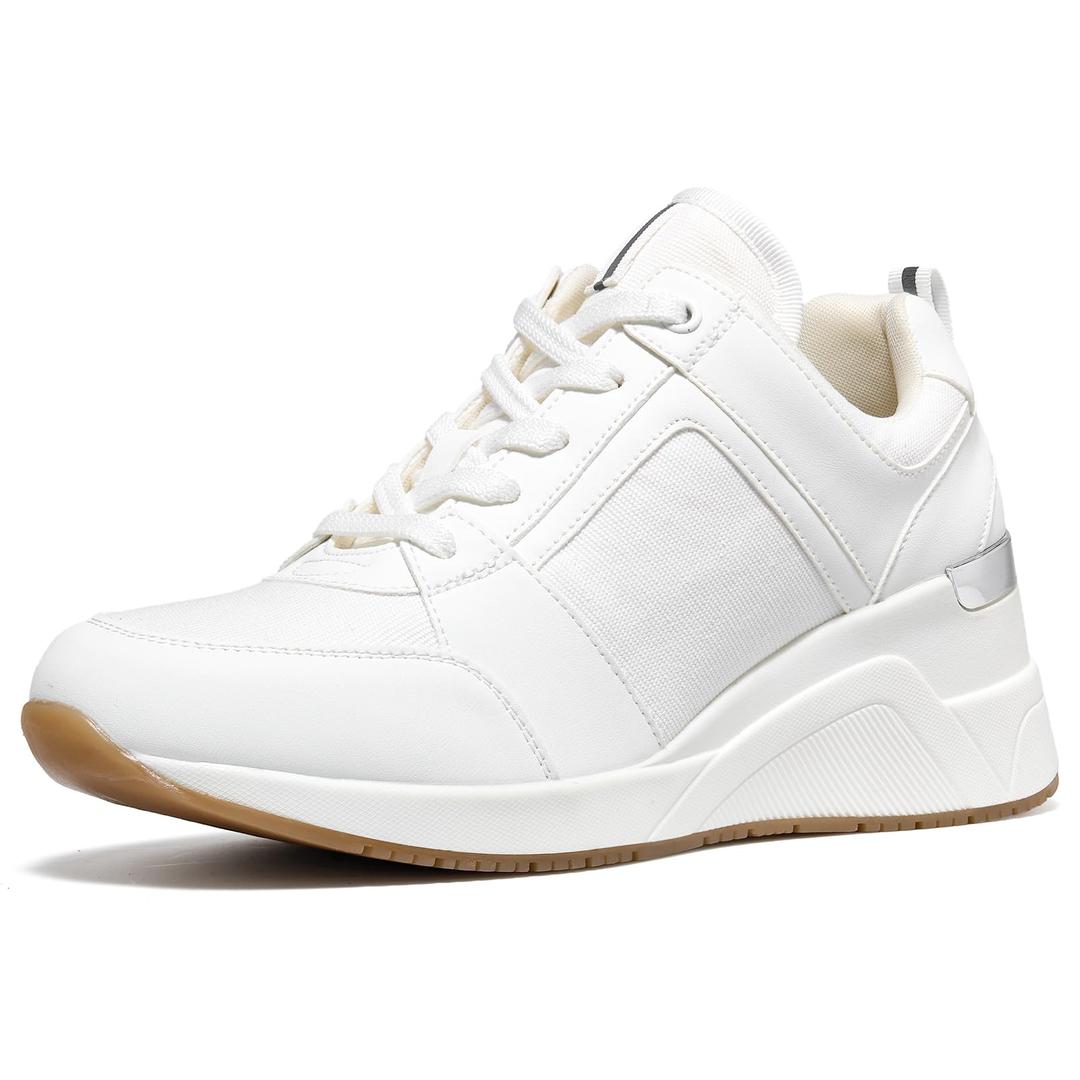 Cestfini High Heel Wedge Sneakers for Women Dressy Hidden Wedge Tennis Shoes Lightweight Fashion Heeled Sneakers Lace Up Women White PGYDX06W-174-RT-ALLWHITE-6.5