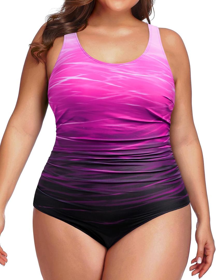 Daci Women Gradient Pink Plus Size One Piece Swimsuit Tummy Control Bathing Suit Athletic Ruched Swimwear 28 Plus
