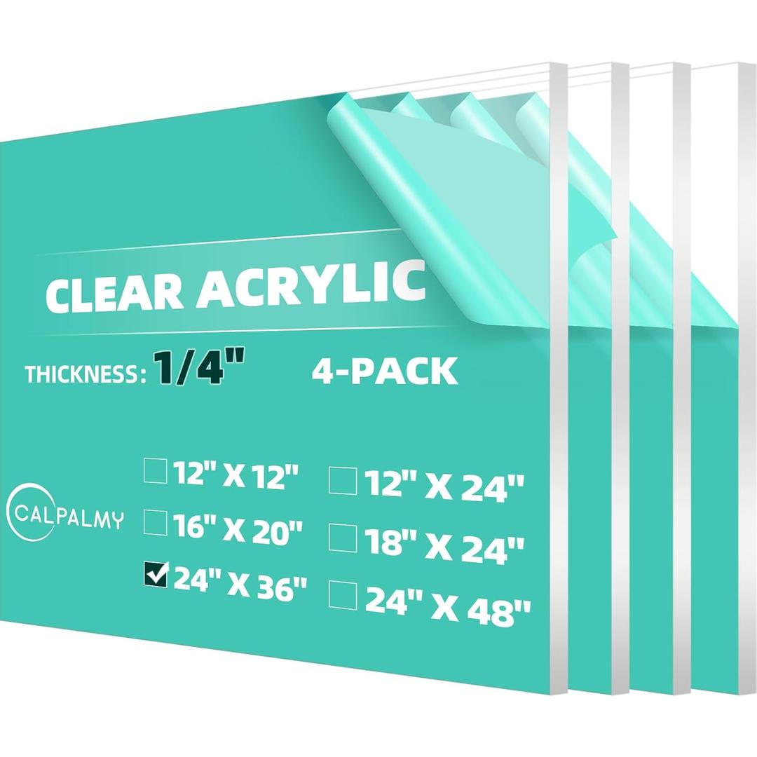 CALPALMY (4-Pack) 24 x 36 Clear Acrylic Sheet Plexiglass 1/4" Thick; Use for Craft Projects, Signs, Display Cases, Sneeze Guard and More; Cut with Cricut, Engraver, Power Saw or Hand Tools