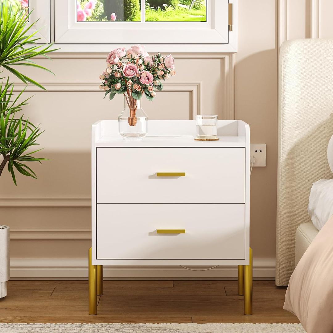 Vabches Nightstand with Built-in Charging Station, White Mid Century Modern Nightstand for Bedroom, Stylish End Tables for Lamps, Books, 17.3 inches x 13.8 inches x 21.7 inches