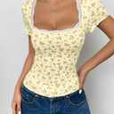 Women Y2k Ditsy Floral Lace Trim Crop Tops Yellow Cute Scoop Neck Tight Fitted Short Sleeve T Shirts Going Out (L)