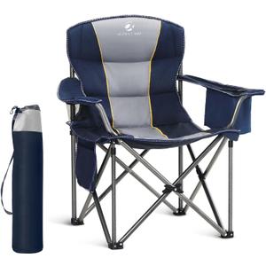 LET'S CAMP Folding Camping Chair Oversized Heavy Duty Padded Outdoor Chair with Cup Holder Storage and Cooler Bag, 450 LBS Weight Capacity, Thicken 600D Oxford (Navy Blue)
