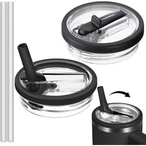 Stanley Cup Flip Straw Lid Replacement - 2Pcs 40oz Reusable Tumbler Cover, Spill Proof Splash Resistant, Flip Spill Stopper Lids (Black)