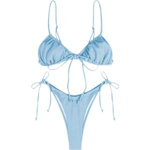 ZAFUL Womens High Cut Thong Bikini Set Swimsuits Cami String Sexy Bathing Suit (Small, 3-Blue)