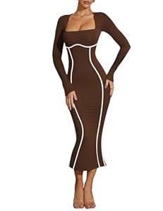 Lrady Women's Square Neck Dresses Long Sleeve Contrast Binding Split Bodycon Mermaid Evening Cocktail Party Dress, Xl