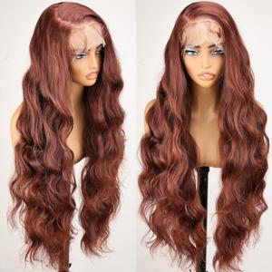 SOKU 13x6 Body Wavy Synthetic Wigs for Black Women 30 Inch Reddish Brown Long Wavy Glueless Lace Front Wig Pre Plucked Layered Ready to Wear Wig with Natural Hairline