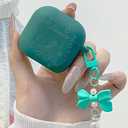 for Airpods 4 Case Cover with Bow Keychain, DamonLight Cute Flower Floral Engraved Silicone Protective Case Cover Compatible with Apple Airpods 4 Case 2024 for Women and Girls, Green