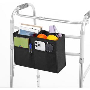 Rhino Valley Walker Basket, Basket for Walkers with Multi Pockets, Hand-free Carry Pouch Storage Bag Walker Accessories for Universal Walkers for Seniors, Black