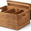 Handwoven Rattan Basket With Lid, Natural Wicker Storage Basket with Detachable Divider for Organizing, Large Wicker Basket With Lid for Storage and Decoration