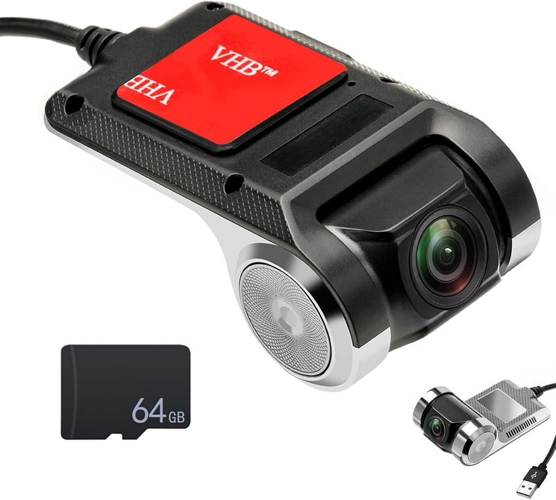 UNITOPSCI USB Car DVR Camera Video Recorder, USB Dash Cam, WDR Full HD Dash Camera Car Driving Recorder with 64GB Micro SD Card, 170 Wide Angle, Loop Recording Night Vision ADAS 24Hours Monitor