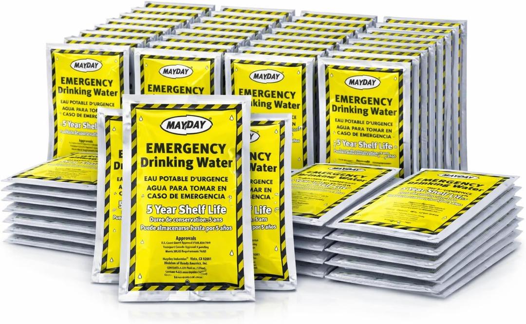 Mayday Pouch Water, Coast Guard Emergency Water, 5-Year Shelf LIfe, Disaster Preparedness Supplies for, Earthquake, Fire, Flood, Leak-Proof Pouches, 4.225 Oz/125Ml 50 Pack (EXP 06/01/31)