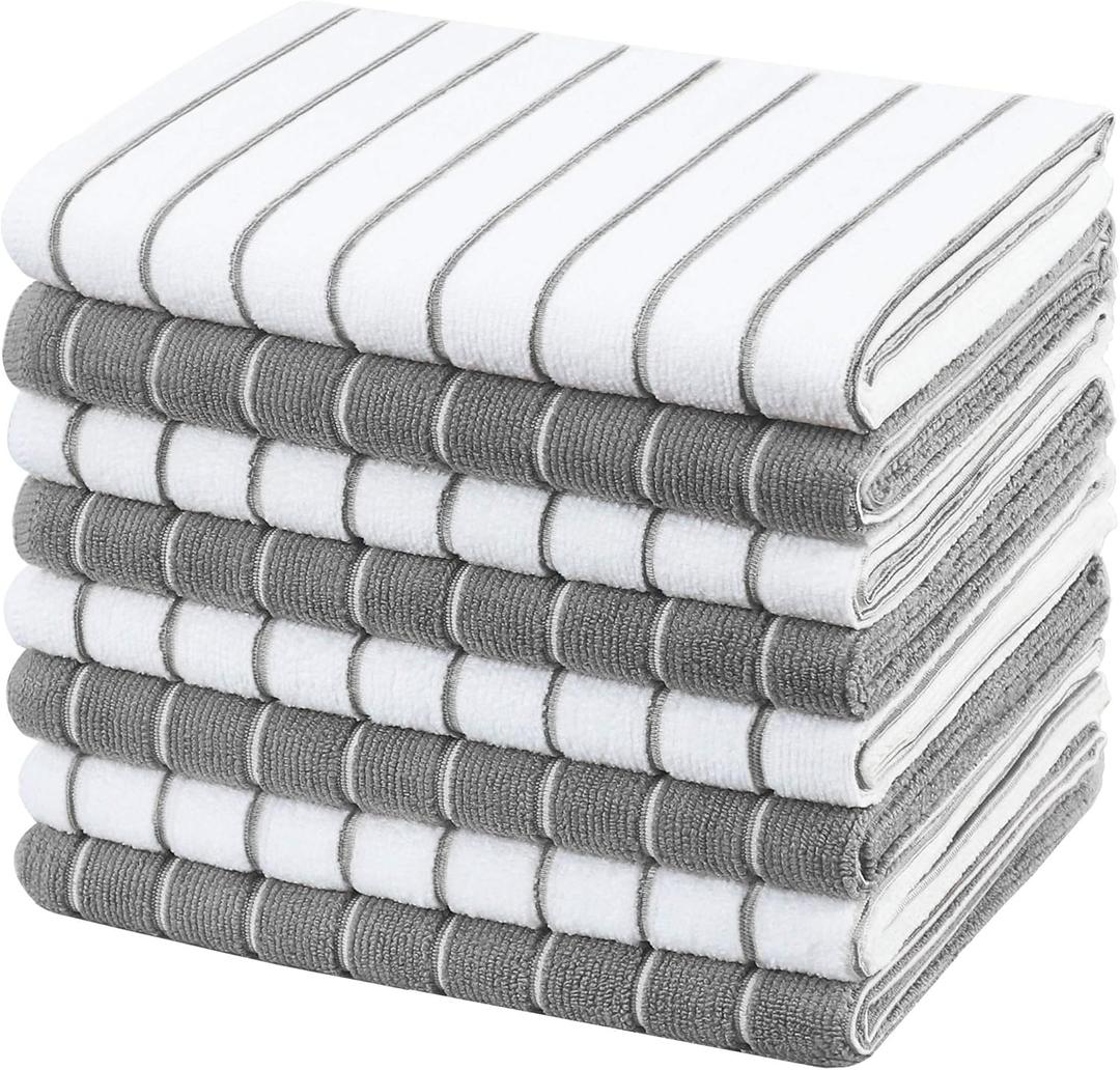 Microfiber Kitchen Towels, Stripe Designed, Soft and Super Absorbent Dish Towels, Pack of 8, 18 x 26 Inch, Gray and White