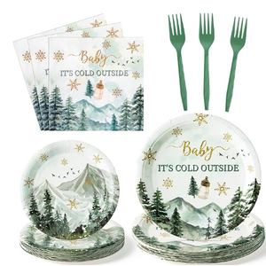 96Pcs Baby It's Cold Outside Winter Wonderland Snowflake Party Plates Supplies - Party Tableware Decorations Disposable Paper Plates Napkins Forks for Birthday Christmas Baby Shower, Serves 24