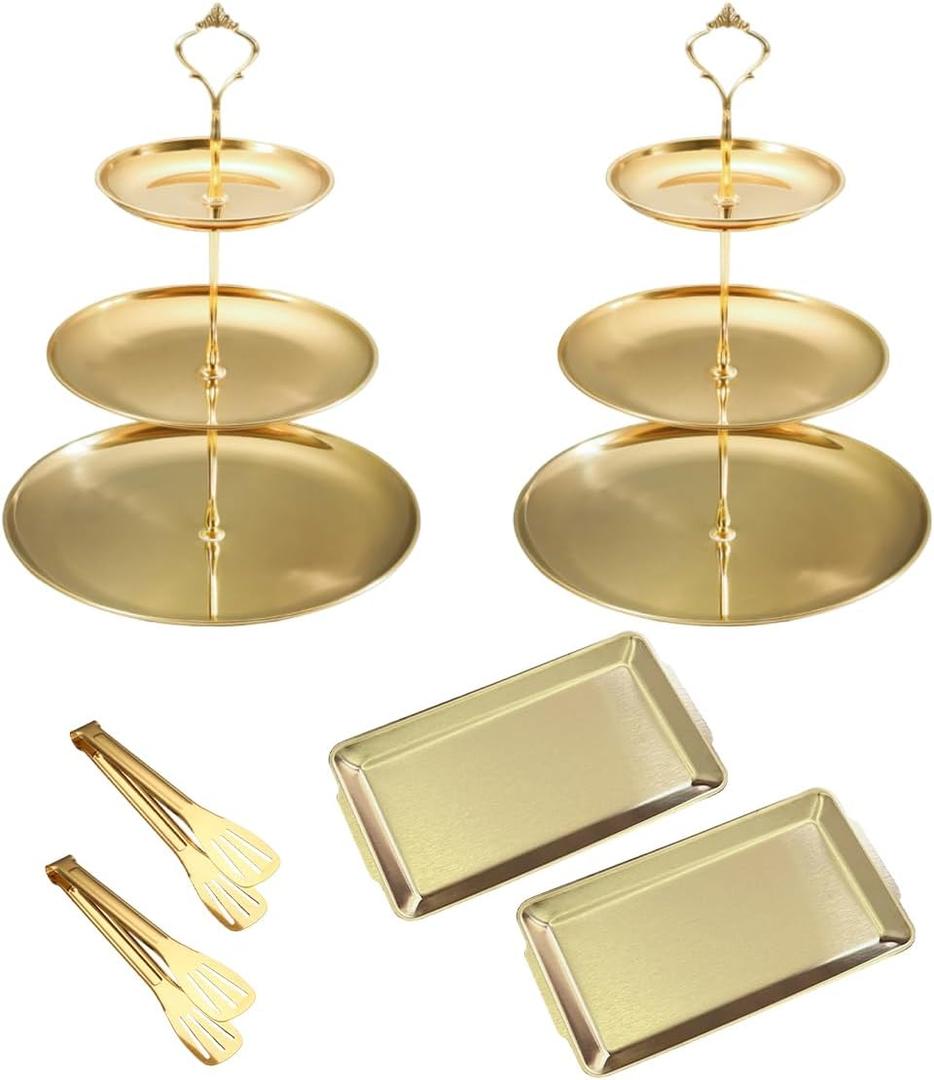 6 Pcs Gold Cake Stands Set, 2 PCS 3 Tier Stainless Steel Cupcake Stands with 2 PCS Rectangular Trays, 3 PCS Serving Tongs, Gold Dessert Stand Cupcake Tower for Weddings, Birthday Party