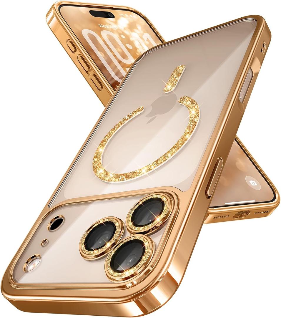 Magnetic for iPhone 17 Pro Case with Glitter Integrated Lens Protection, [Glossy Bumper & Shiny Magnetic Ring] [Compatible with Magsafe] Cute Women Protective Case for iPhone 17 Pro Desert Titanium