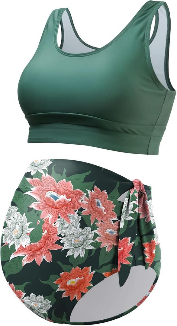 GINKANA Maternity Bikini Two Piece Tie Knot High Waisted Bikini Set Summer Maternity 2 Piece Swimsuit Racerback Bathing Suits (Black, S)