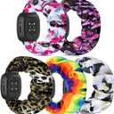 Scrunchie Watch Bands for Women Compatible with Fitbit Sense/Versa 3 Elastic Scrunchy Replacement Band Soft Stretchy Band For Fitbit Versa 3 /Sense (Large-Size, B(Rainbow/Purple flower/Pink flower/Leopard/White Flower))