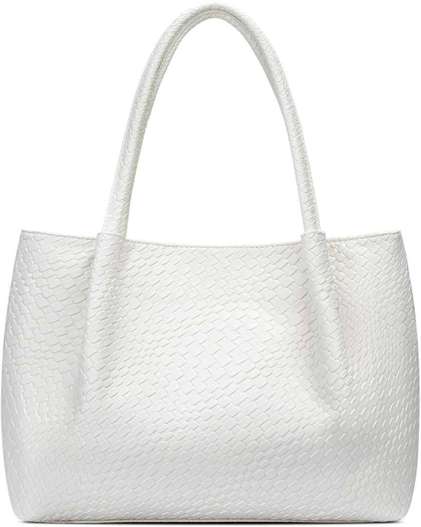 KKXIU Tote Bag for Women Vegan Leather Shoulder Purse Large Capacity Travel Bag (White02)