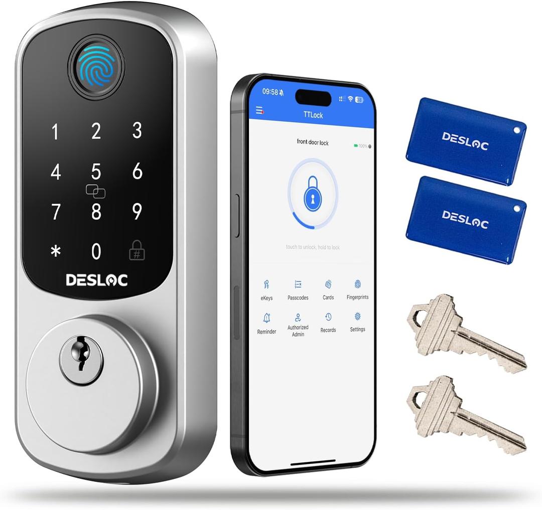 DESLOC Smart Door Lock B200, Smart Deadbolt Lock, Keyless Entry Door Lock, Fingerprint Deadbolt Smart Lock, Smart Locks for Front Door, App Control, Touchscreen Keypad Deadbolt, 12-Month Battery, IP54 (Silver)
