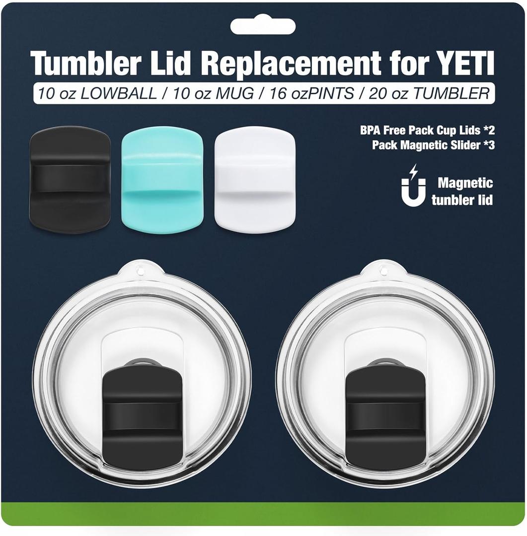 20 oz Tumbler Lids,Magnetic Tumbler Lid Replacement for YETI,BPA Free 2 Pack Black Tumbler Lids & 3 Pack Magnetic Slider