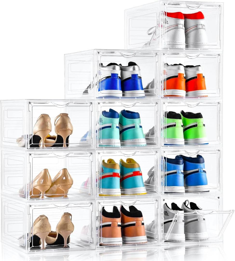 Clemate Upgraded X-Large Shoe Organizer,Shoe Storage Organizer,12 Pack,Shoe Box Clear Plastic Stackable,Drop Front Shoe Box with Clear Door, Shoe Containers For Sneaker Display,Fit up to US Size12