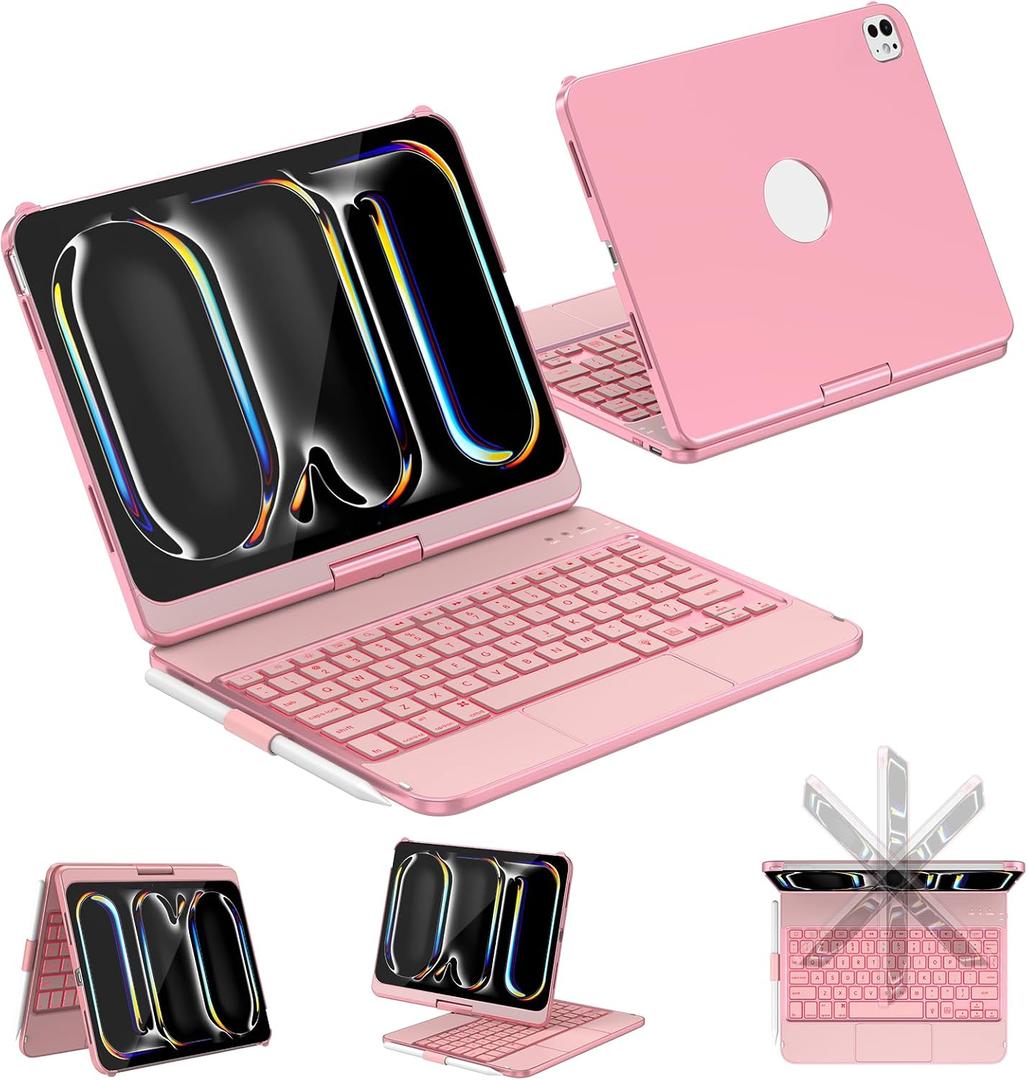 CC Store Keyboard Case for iPad Pro 11-inch (M5/2025, M4/2024) with 7-Color Backlight, 360 Swivel Protective Case with Pencil Holder, Multi-Touch Trackpad, Rose Gold