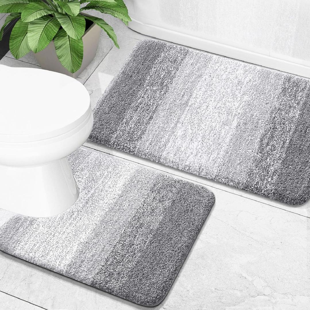 OLANLY Bathroom Rug Set 2 Piece, Soft Absorbent Microfiber Bath Mats and U-Shaped Contour Toilet Rug, Non-Slip, Machine Wash Dry, Plush Shaggy Bath Mats for Bathroom (24"x16"+24"x20", Light Grey)