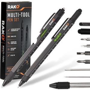 RAK Multitool Pen - Multi-Tool Pen Set 11 in 1, LED Light, Screwdrivers, Level, Ruler, Bottle Opener, and Stylus. Cool Gadgets Gifts for Men, Dad, EDC Tactical Pen Tool, Gift-Ready Box, Pack of 2
