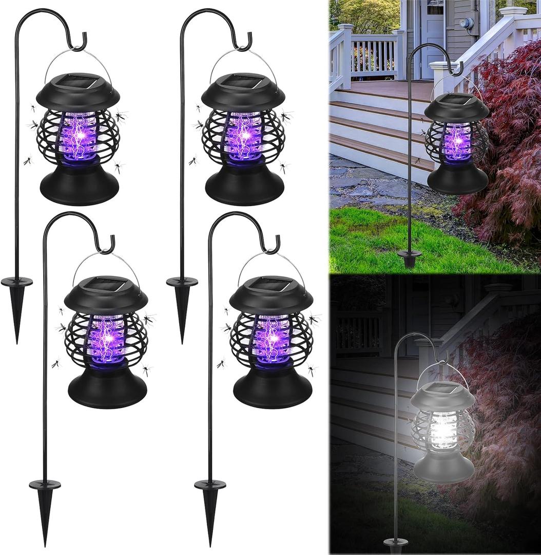 Qualirey 4 Pcs Outdoor Waterproof LED Solar Bug Zapper 2 in 1 Hanging Mosquito Zapper Mosquito Killer Outdoor Cordless Garden Waterproof Fly Insect Killer for Backyard Farm Patio