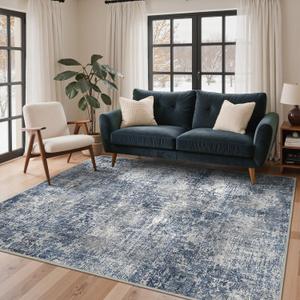 GENIMO 8x10 Washable Area Rugs for Living Room Bedroom, Modern Abstract Non Slip Rug, Low Pile Soft Contemporary Indoor Floor Carpet Cover for Dinning Room Kitchen, Deep Sea Blue