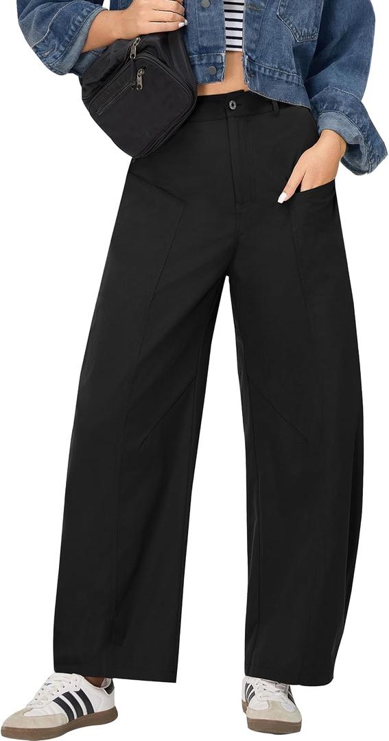 Blooming Jelly Womens Wide Leg Barrel Pants Baggy Casual Pants Loose Trousers with Pockets, M