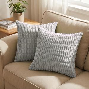 QUORGVES Light Grey Corduroy Pillow Covers 20x20 Inch Set of 2, Soft Striped Decorative Square Throw Pillow Covers, Decor Cushion Covers for Bed Sofa Couch Bedroom Living Room - Light Gray
