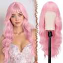FESHFEN Pink Wig with Bangs for Women, Long Wavy Wigs Natural Looking Synthetic Hair Wigs for Daily Party Costume, 26 inch