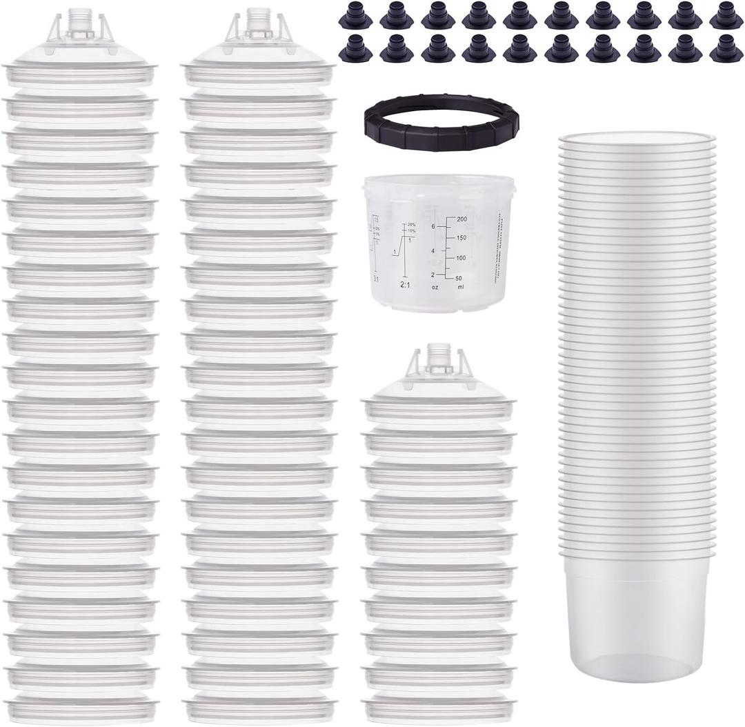 Disposable Paint Gun Sprayer Mixing PPS Cup Liners and Lid System for HVLP Spray Gun 50 Cups Liners 50 Lids with Strainer 1 Hard Cup with Retainer Ring 20 Plugs, 200ML(8 OZ) (200ML (6.7 ounce))