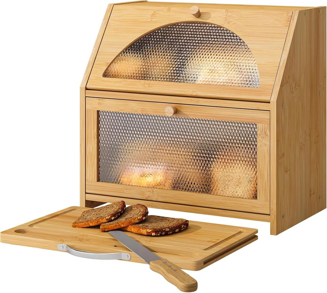 Bamboo Bread Box with Cutting Board, Double Layer Extra Large Bread Storage Bin with Door Panel for Kitchen Counter (Natural)