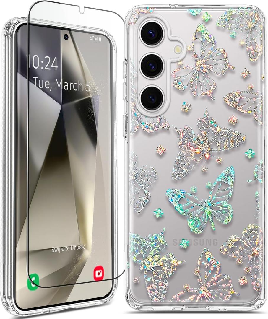 Clear Glitter Butterfly for Galaxy S24 Plus Case, [Screen Protector] Shockproof Thin Flower Slim Cute Crystal Bling Women Hard Back Soft TPU Bumper Protective for Samsung S24 Plus 6.7 inch
