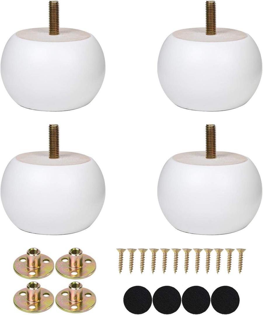 2 Inches White Bun Feet for Furniture Solid Wood Round Replacement Legs Set of 4 for Chair Ottoman Predrilled M8 Bolt