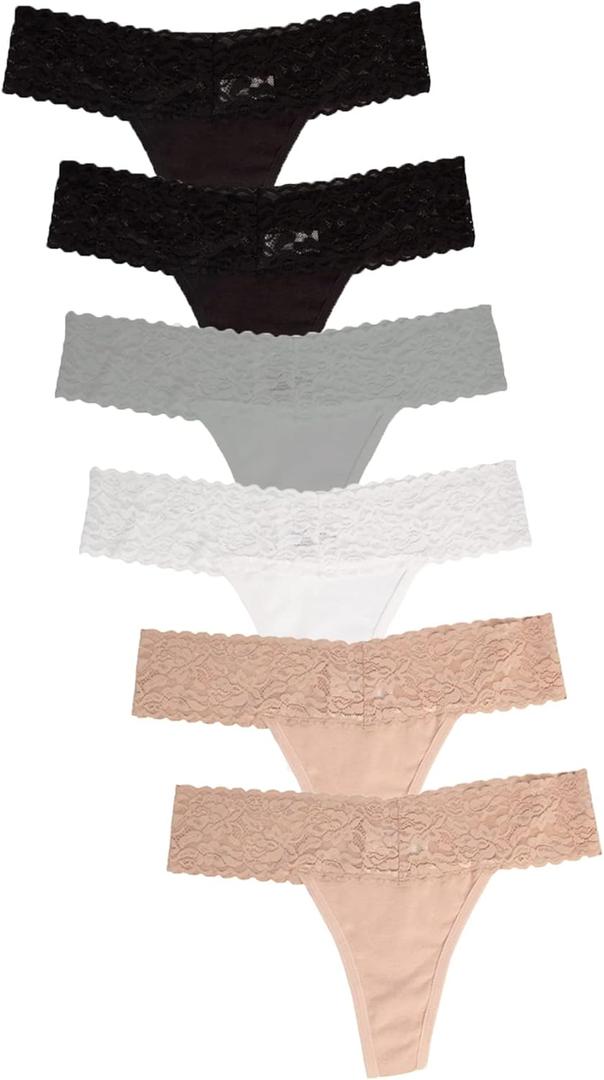Jo & Bette Lace Thongs for Women - 6 or 12 Pack Low Rise Thongs - Lace Panties Cotton Underwear Women Sexy No Show Soft (M)