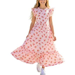 PATPAT Girls Summer Dress for Kids Maxi Tween Girl Teen Floral Casual Short Sleeve Long Dresses with Pockets 5-14 Years (Pink, S)