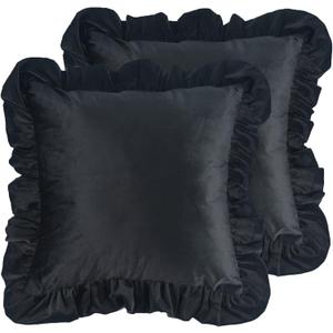 Velvet Ruffle Throw Pillow Covers Couch, Set of 2 Decorative Pillowcases with Ruffles 18x18 Inch Solid Color Shabby Chic Farmhouse Cushion Cover for Living Room Sofa Bed, Black