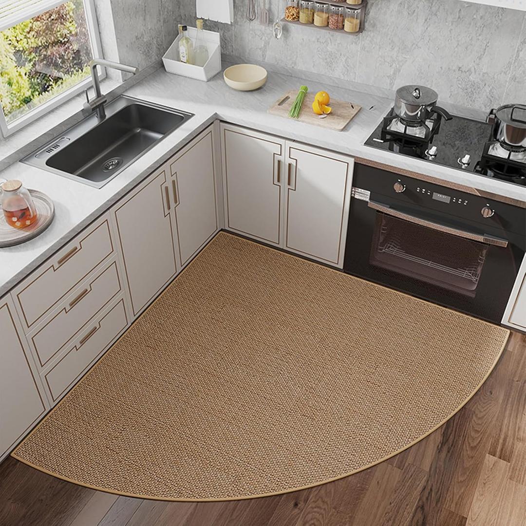 Non-Slip Corner Kitchen Rug - Super Absorbent Braided Floor Mat for Sink Areas, Washable Circular Sector Mat with Rubber Backing, Imitation Linen Kitchen Carpet (Beige, Radius 55'') (4'7" x 4'7" (Sector))