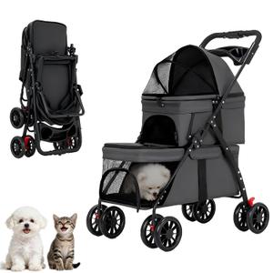 YYW Double Pet Stroller for Small Cats and Dogs, Foldable Kittens Puppies Travel Strolling Cart with 2 Carriages, Cup Holder & Lockable Wheels, Ideal for Multi-Pet Families(Black)