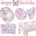 Butterfly Birthday Party Supplies Disposable Paper Plates Napkins Cups Tablecloth and Banner for Butterfly Girl Party Birthday Decorations, Serve 25
