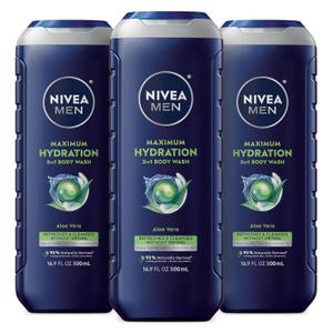 Nivea Men Maximum Hydration Body Wash for Dry Skin, Aloe Vera Enriched, 3-in-1 Moisturizing Body Wash, Face and Hair, Paraben Free, Vegan Formula, 16.9 Fl Oz Bottle, Pack of 3