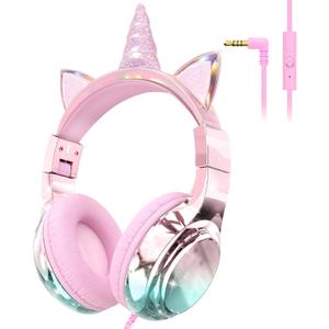 QearFun Kids Unicorn Headphones Wired with Mic, 85/94dB Safe Volume Limit, Sparkly Wired Headset, Foldable, Sharing Port & Tangle-Free Cord for School, Chromebook, Tablet, Travel, Boys & Girls